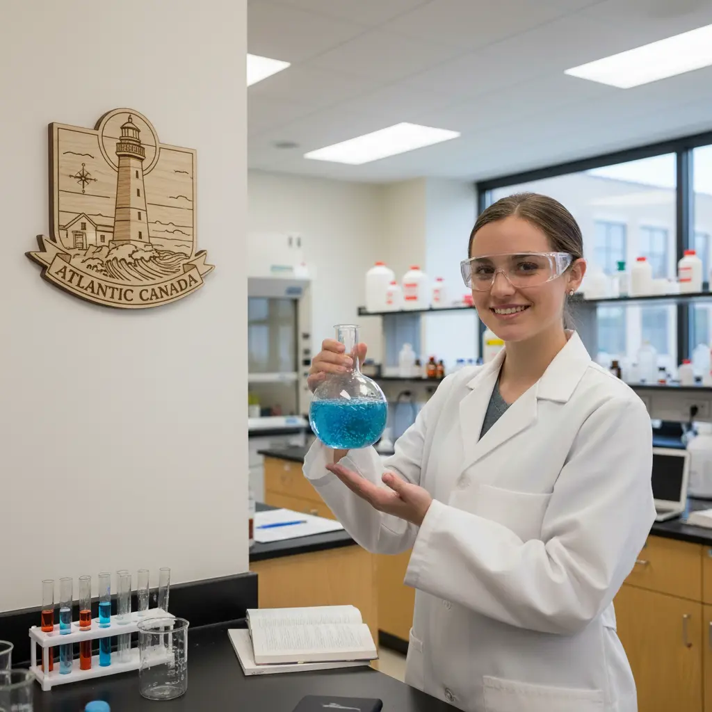 Chemistry student in a lab coat and safety goggles holding a flask of blue liquid, with a wall plaque featuring a symbol representing Atlantic Canada on the left.