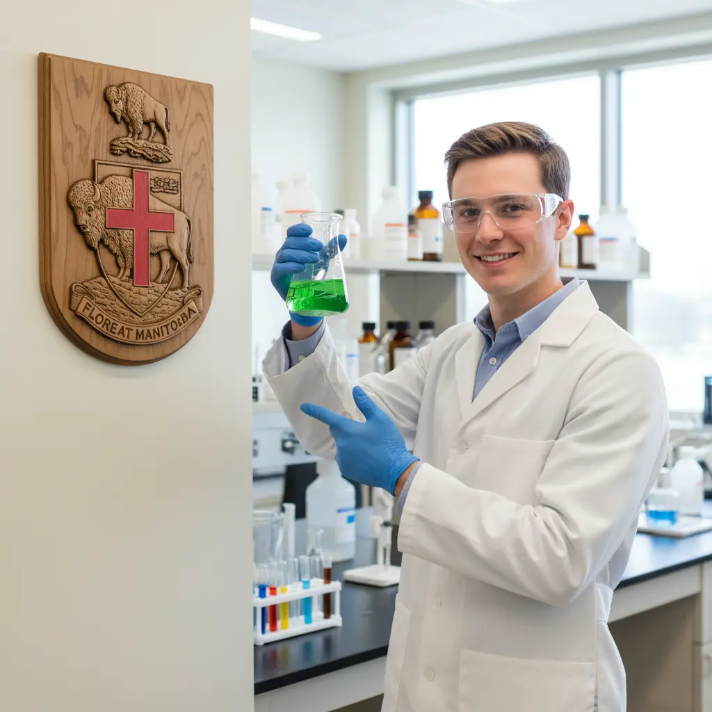 A chemistry student in a lab coat and safety goggles smiles while holding a round-bottom flask of blue liquid, with a wall plaque displaying the Manitoba Coat of Arms visible in the background.