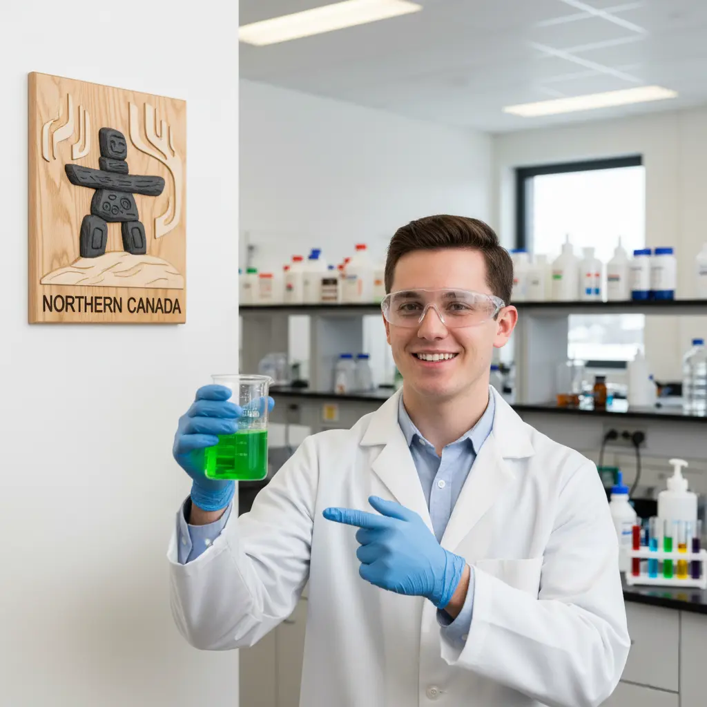 A smiling male chemistry student in a lab coat and safety goggles holds a beaker of green liquid, with a wall plaque featuring an Inukshuk symbol and "Northern Canada" text on the left.