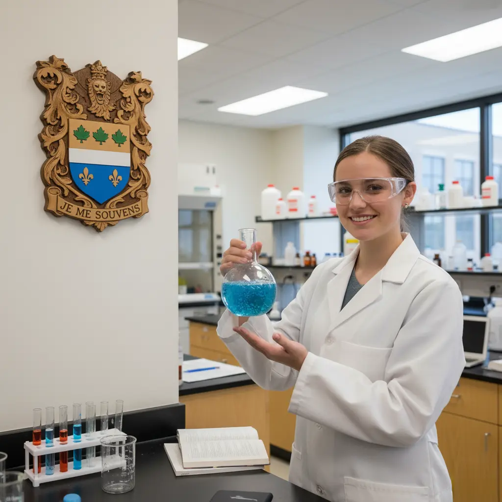 Chemistry student in a lab coat and safety goggles holding a flask of blue liquid, with a wall plaque featuring the Quebec Coat of Arms and the motto 'Je me souviens'.
